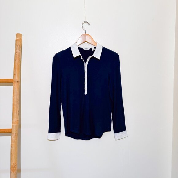 Liz Clairborne Navy Nautical Long Sleeve Button Up Blouse Top Petite Medium - Picture 7 of 7